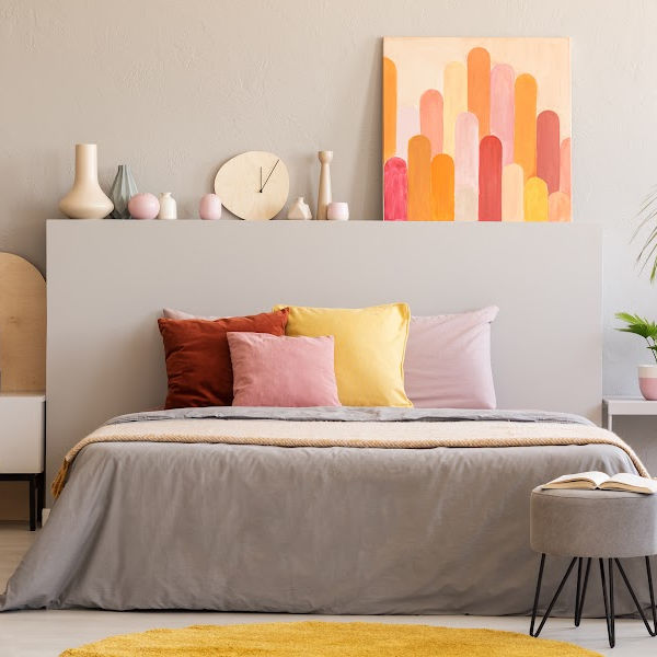 gray, orange, pink bedroom